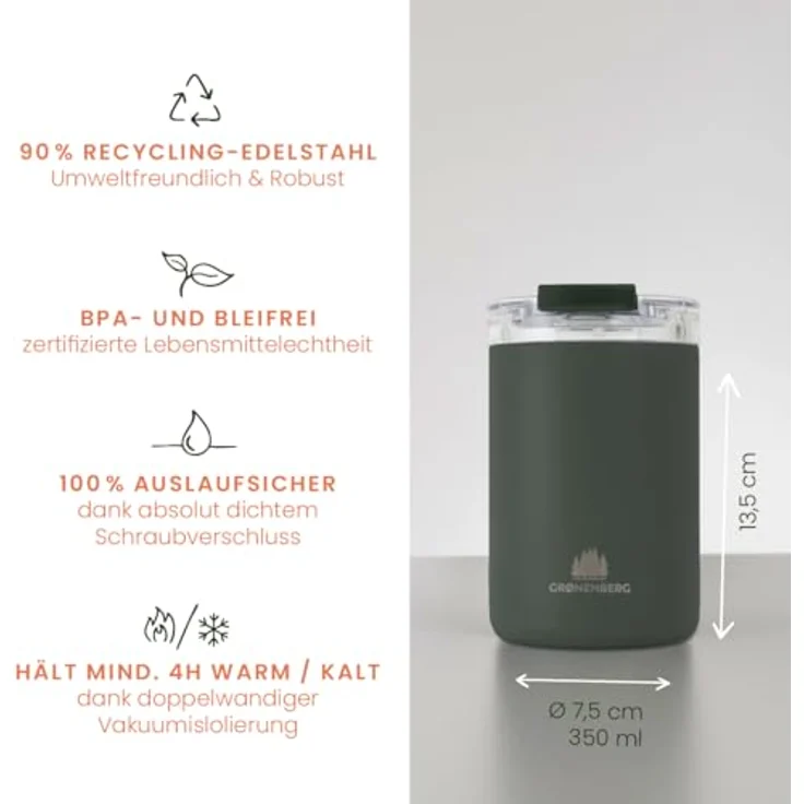 Groenenberg Thermobecher 350 ml aus recyceltem Edelstahl, 100% Auslaufsicher, hält mind. 4 h warm (Forest) – Bild 2