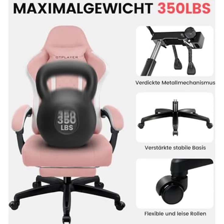 GTPLAYER Gaming Stuhl Stoff, Gaming Sessel mit Taschenfederkissen, ergonomischer Drehstuhl, Gamer Stuhl mit Fußstütze150 kg Belastbarkeit, Rosa – Bild 10