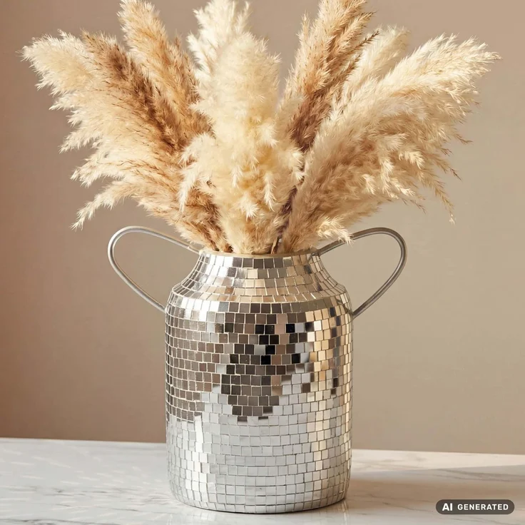 Tischvase Aluminium 32cm Silber - Blumenvase mit Henkel - Metallvase im Discokugel Design Modern - Dekovase rund für Trockenblumen - Alu Standvase Vase Hoch - Wohndeko Handmade – Bild 2