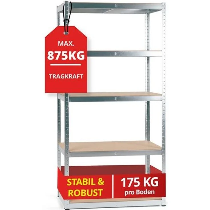 Stagecaptain Schwerlastregal Lagerregal - 5 variabel montierbare Böden - auch als Werkbank umbaubar, Tragkraft pro Boden: 175 kg, gesamt 875 kg – Bild 4