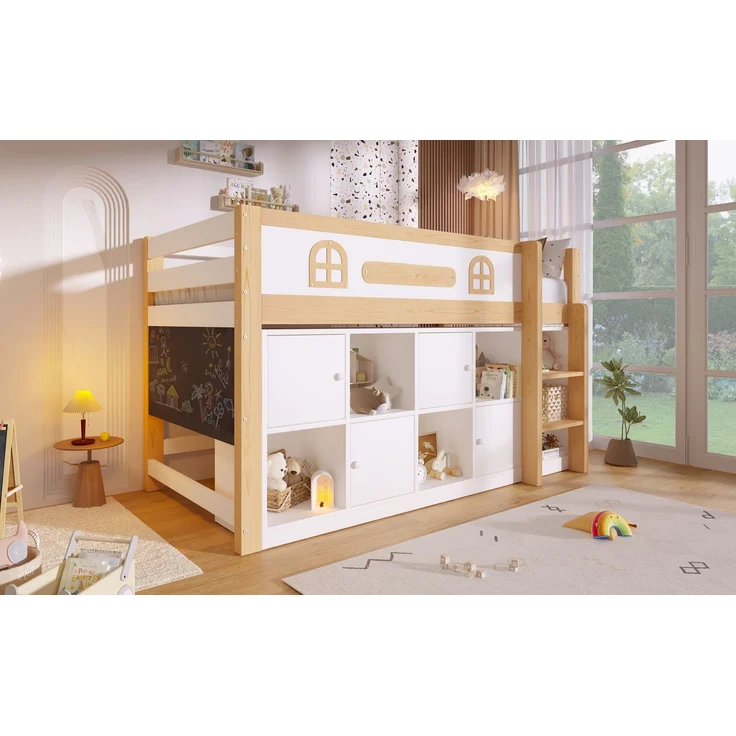 ZUBALIYA Halbhohes Bett, mit Ablagefächern und Leiter und Kreidetafel, Maße 90 x 200 cm, Weiß und Natur, Stockbett, fürs Schlafzimmer, Samt – Bild 20