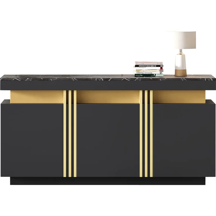 Sideboard 140 x 38 x 70 cm mit Marmoroptik, schwarzer Korpus und goldenen Akzenten, Anrichte mit 3 Türen und 6 Fächern – Bild 9