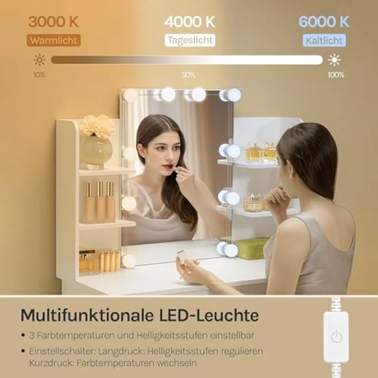 WOLTU Schminktisch Hollywood mit LED-Beleuchtung, Spiegel, 2 Schubladen und 4 offene Ablagen, Holz weiß, 90 x 135 x 40 cm – Bild 6