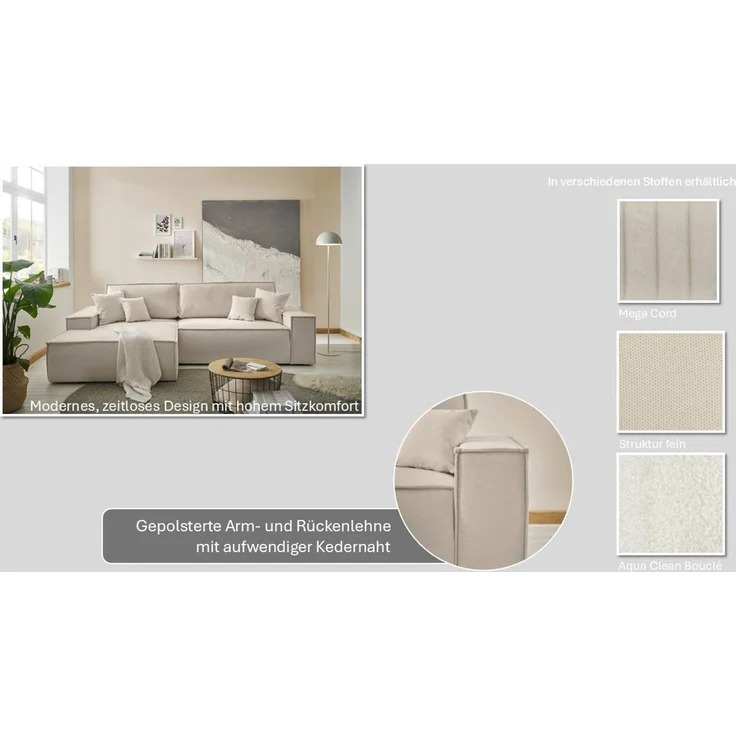 OTTO home Ecksofa FINNLEY, L-Form 257 cm, Schlafsofa, mit Bettkasten, in Bouclé, Struktur fein und Mega Cord – Bild 2