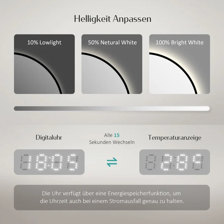 EMKE LED Badspiegel ф60cm Schwarzer Rand, Beschlagfrei, Uhr, Temperatur, Dimmbar, Memory-Funktion Neutrales Licht Wandspiegel – Bild 3