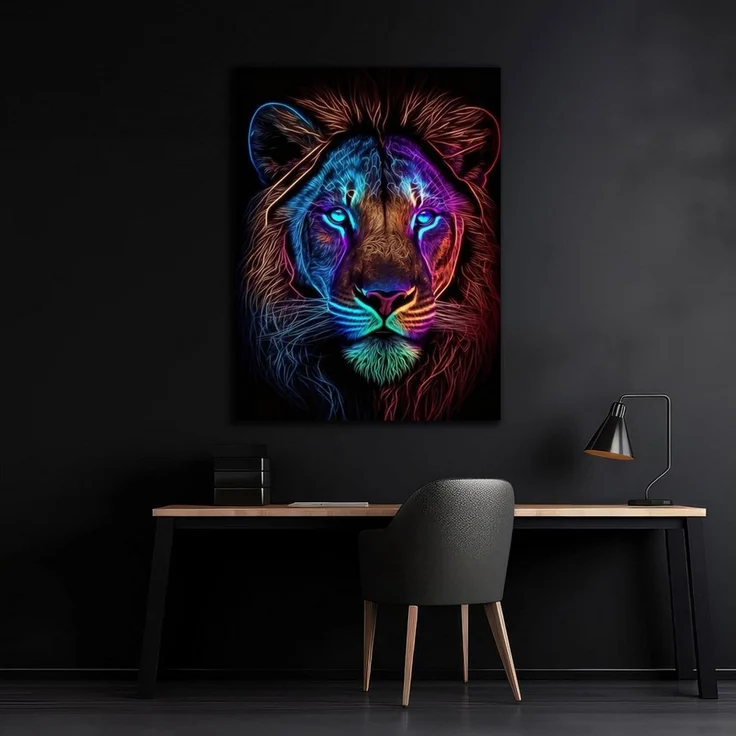 DARO Design Wandbild Neon Tiere Wandbilder Wand Deko Bilder Modern Leinwandbild, (Neon Löwe - Bild klein Wohnzimmer Büro Jugendzimmer Flur Einteilig Querformat Fotodruck Neon-Tierkunst), 30x20 cm – Bild 2