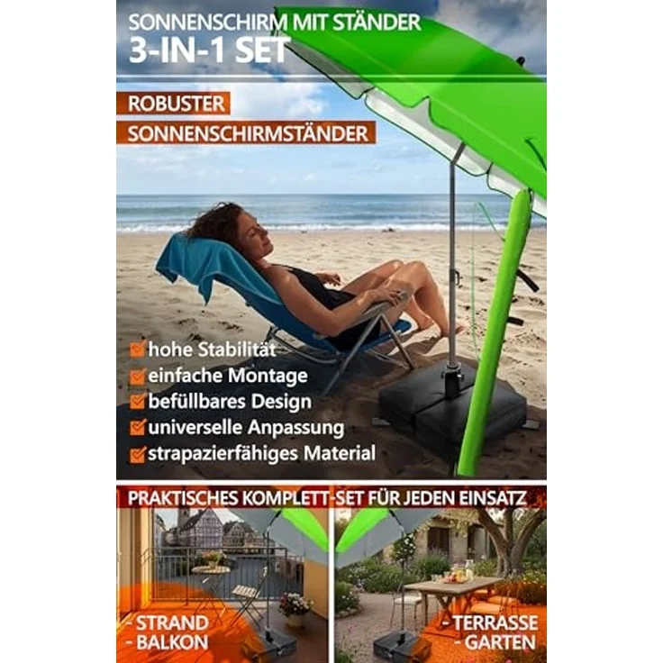 4smile Sonnenschirm Strand SunnyJoy im 3er-Set - UPF 50+ Balkon Schirm 180 cm + Sonnenschirmständer befüllbar + Sonnenschirmhülle - Sonnenschutz Balkon, Gartenschirm, Grün – Bild 2