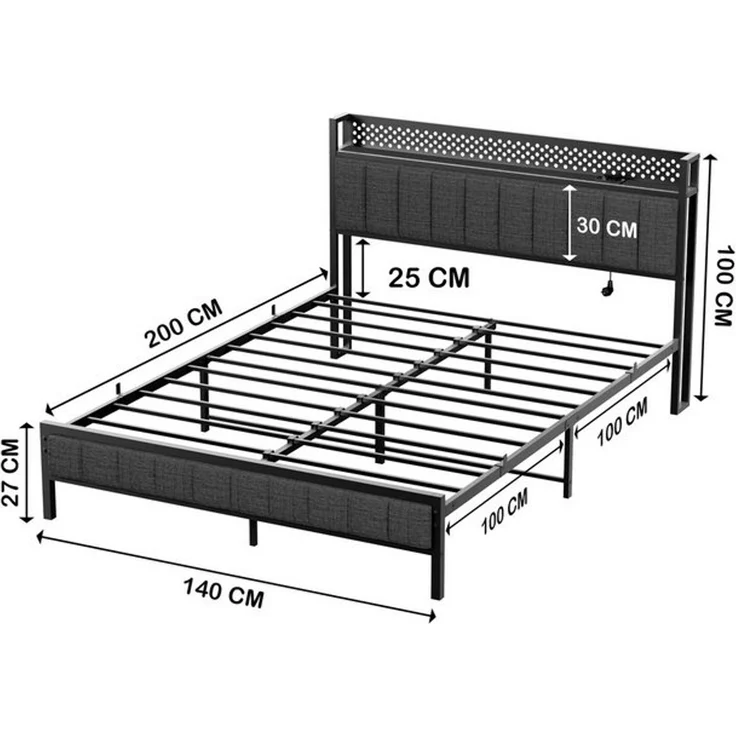 STILVORA Jugendbett Metallbett 140x200 Bettgestell bett mit Steckdose,led Beleuchtung (Eisenbett, Funktionsbett mit Lattenrost, 1-tlg, 27 cm Bodenfreiheit für extra Aufbewahrung, 140*200cm, ohne Matratze), mit schwarzem Metallrahmen, integrierten USB-A... – Bild 4