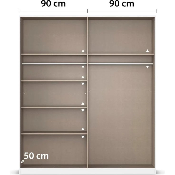 Rauch Möbel Alabama, Kleiderschrank, Garderobenschrank, 4-türig, Zubehör Classic, 2 Kleiderstangen, 5 Einlegeböden, Farbe Hochglanz Weiß/Eiche Artisan, Holz, Griff Grau metallic, 181 x 210 x 57 cm – Bild 7