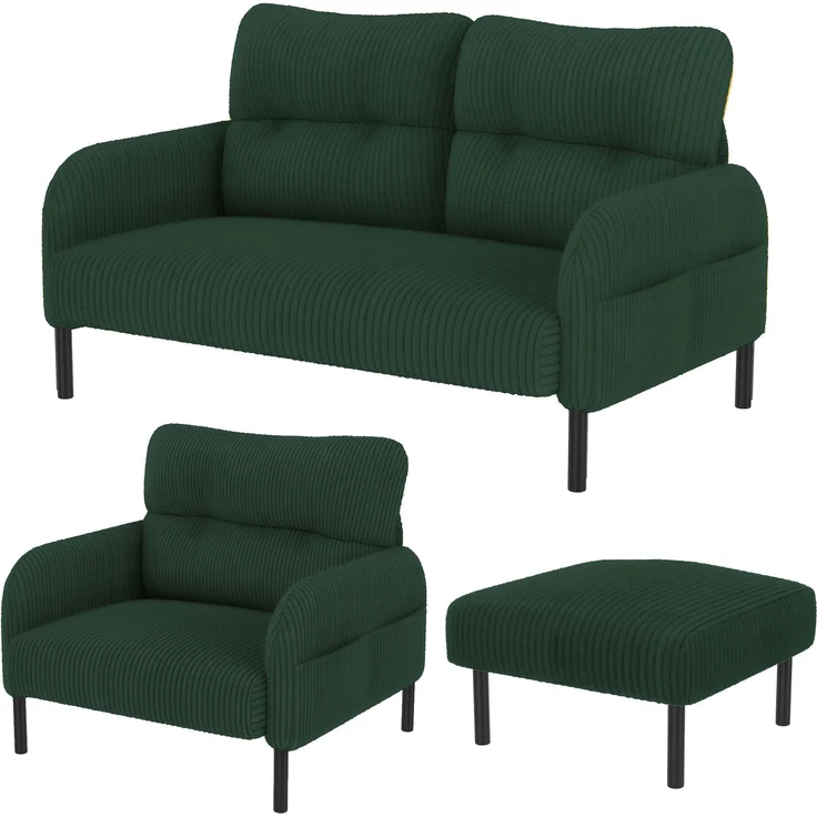 3-teilige Cord-Sitzgruppe aus 2-Sitzer-Sofa, Sessel und Hocker, gepolstertes Lounge-Set mit Seitentasche und Metall-Holz-Gestell, Smaragdgrün – Bild 18