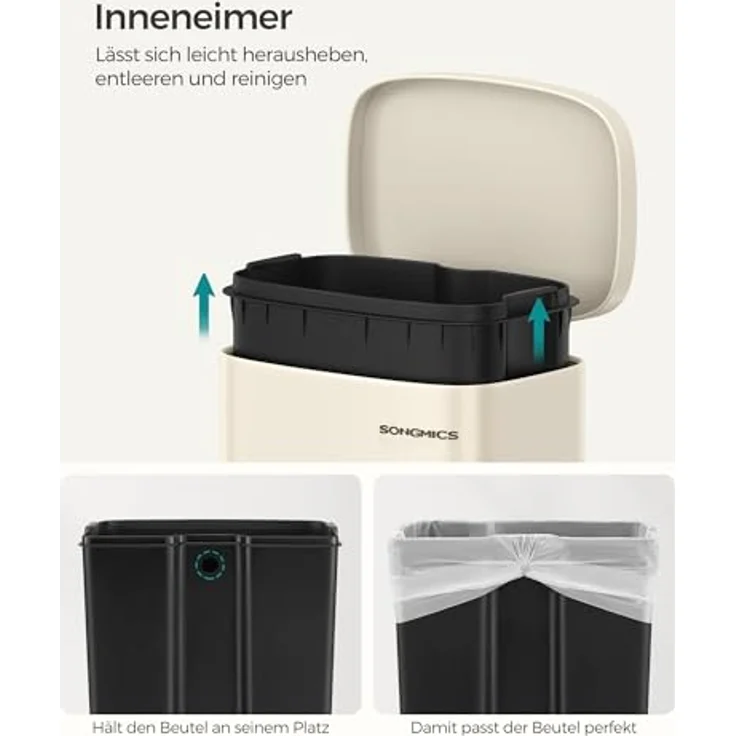 Songmics Mülleimer, geruchsdicht, Edelstahl, 30 Liter, Sandbeige – Bild 7