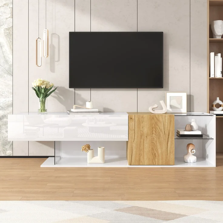 TV-Schrank 180 cm in Weiß Hochglanz mit Holzoptik, Lowboard mit Türen und Glasregalen – Bild 2