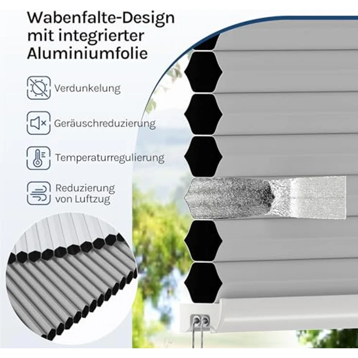 WOLTU Wabenplissee ohne Bohren Verdunklung Thermo Doppelplissee Klemmfix Zweifarbig 60x130 cm Grau-Weiß, Plissee Faltrollo Sonnen-, Sicht- & Schallschutz, Jalousie Plisseerollo für Fenster & Tür – Bild 6