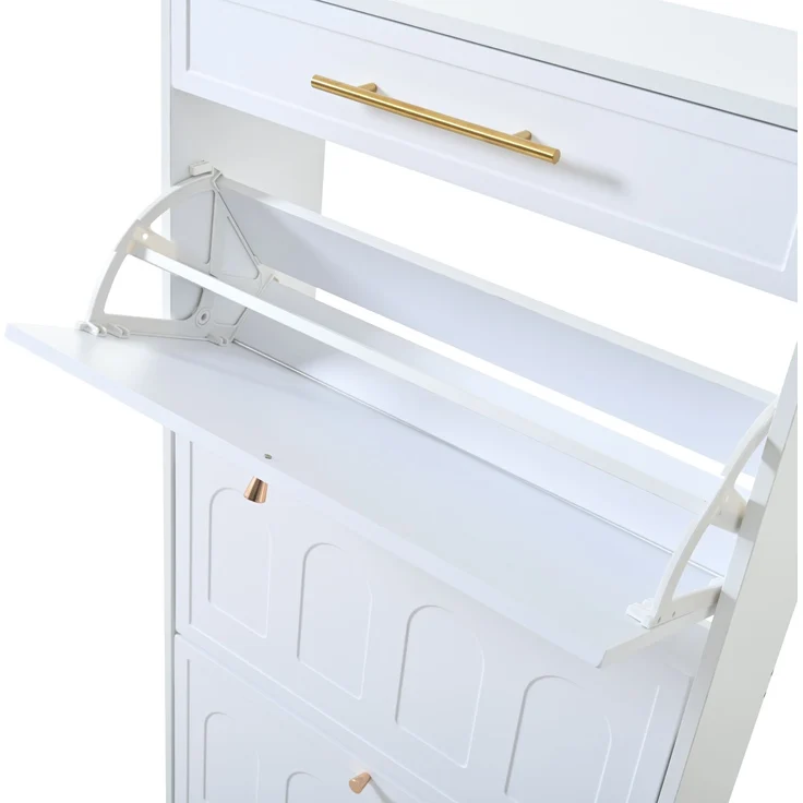 DESVIAE Schuhschrank mit 12 verstellbaren offenen Regalböden und 2 Schubladen 140x123,5x25 cm MDF Weiß – Bild 6