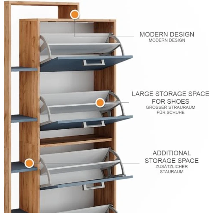 Vicco Orlando Schuhkipper, Eiche Wotan, 4 Fächer, Holzwerkstoff, rechteckig, 80x166.1x24.2 cm, Garderobe, Schuhaufbewahrung – Bild 8