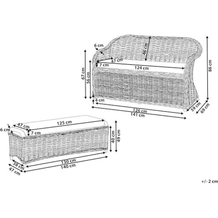 Beliani 'SUSUA' Gartensofa mit Ottomane, 2-Sitzer, Rattan natur, 141 x 69 x 86 cm – Bild 3