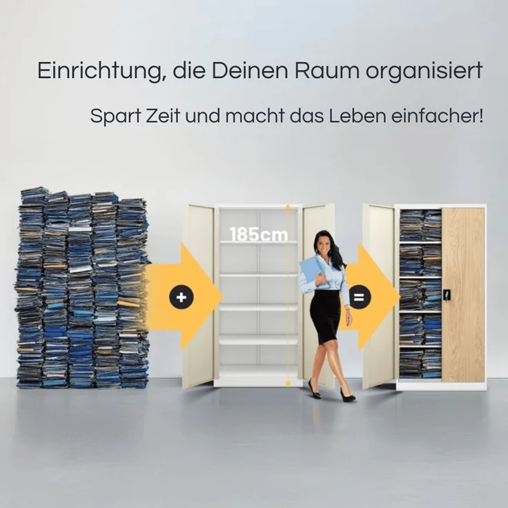 Aktenschrank abschließbar KADO - 5 Ebenen verstellbar, Flügeltüren | Metallschrank Werkstatt Mehrzweckschrank Büroschrank aus Stahl Werkzeugschrank, 185x90x40cm Weiß-Sonoma Eiche – Bild 3