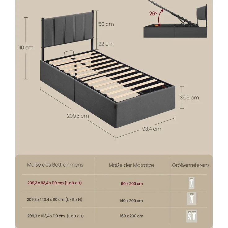 VASAGLE Bett, klappbar Lattenrost, Unterbettaufbewahrung, Kopfteil, Hydrauliksystem, dunkelgrau, 90x200 cm – Bild 4