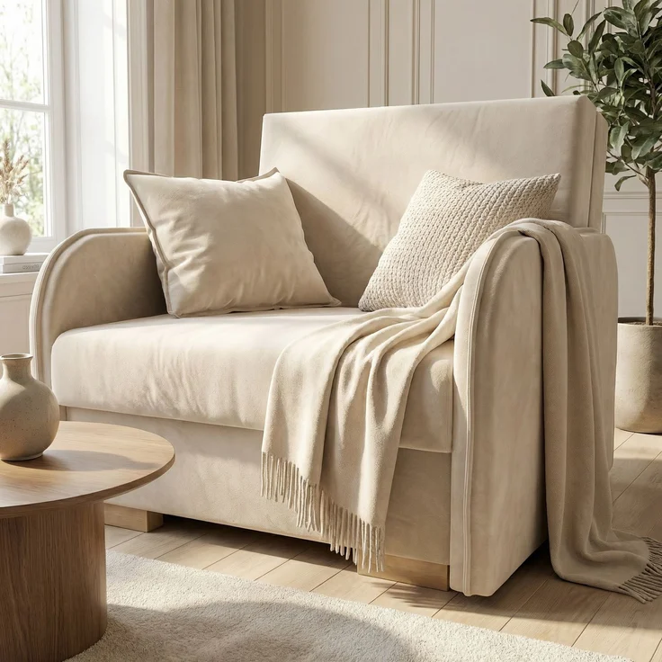 Wohnero 24 Goldi 1 Premium Schlafsessel 90x100 cm mit Schlaffunktion & Bettkasten – Hochwertiger Klappsessel 80x195 cm, Design Sofa Creme – Bild 2