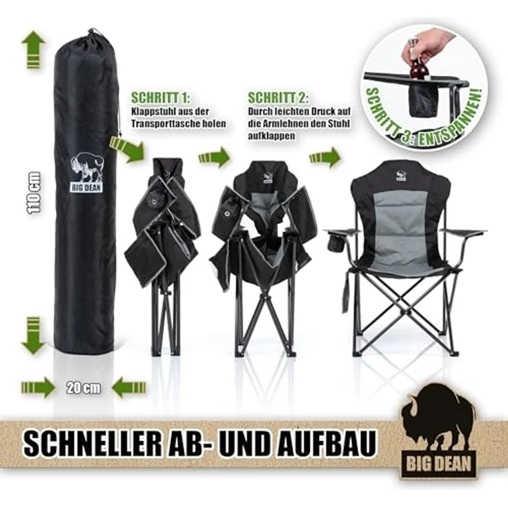 BigDean Campingstuhl Luxus Campingstuhl Faltbar 160 KG Belastbar Ultragroß mit Hochlehner (Packung, 1 St), Outdoor-Komfort mit höchstem Niveau – Bild 4