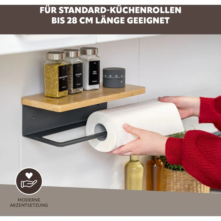 eluno Küchenrollenhalter mit Bambusablage aus Edelstahl in Grau, ca. 32 x 9,5 x 13 cm (B/H/T) – Bild 5