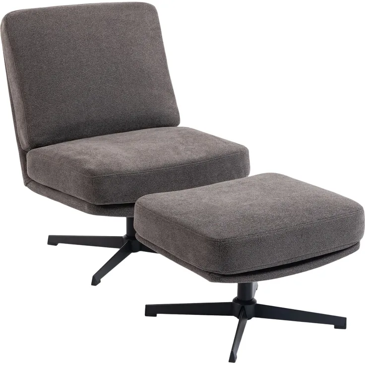 MELAYR, Sessel mit Hocker Drehbar Loungesessel mit Leinenoptik für Wohnzimmer Dunkelgrau, 91 x 68 x 93 cm