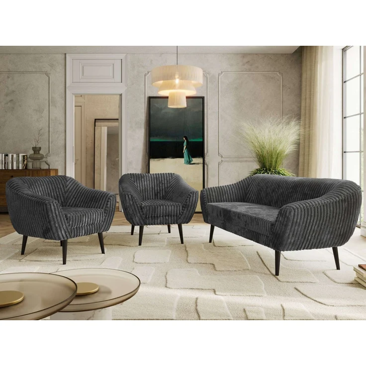 Wohnzimmerset PIRS 1-1-3, Skandinavisches 3-Sitzer Sofa mit Sesseln, Sofa mit Wellenfederung, schwarze Füße, Skandinavisches Möbelset - Grau Cord – Bild 1