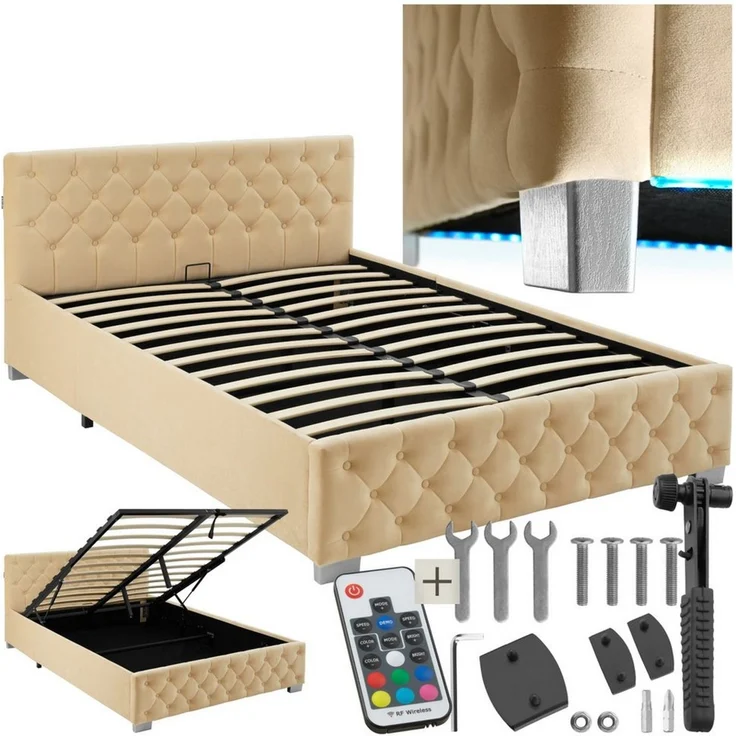 tectake Polsterbett Komfortbett mit LED-Leisten & Stauraum - Samtoptik mit Steppmuster (Bettset, in Beige), stabiler Stahlrahmen, Belastbarkeit 250 kg – Bild 5