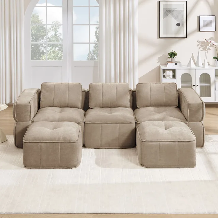 EINHOM 3-Sitzer U-förmiges Modulsofa mit 2 Hockern, ohne Gestell, 32D-Hochdichteschaum, tiefe Sitzfläche, hautfreundlicher, weicher Stoff, ideal für Wohnzimmer, keine Montage erforderlich, Sand