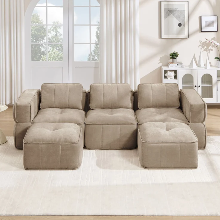 EINHOM 3-Sitzer U-förmiges Modulsofa mit 2 Hockern, ohne Gestell, 32D-Hochdichteschaum, tiefe Sitzfläche, hautfreundlicher, weicher Stoff, ideal für Wohnzimmer, keine Montage erforderlich, Sand – Bild 1