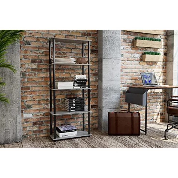 Furinno 5-Ebenen Mehrzweck-Regal, holz, Französische Eiche Grau/Schwarz, 29. 46x59. 94x145. 8 cm – Bild 3