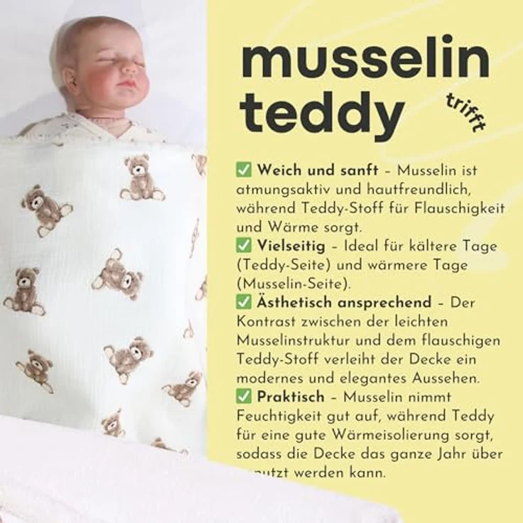 BabyLux Kinderbettdecke Musselin & Teddy Kuscheldecke 100x75 cm – Zweiseitig für Kinderwagen, TD6 - Bärchen – Bild 4