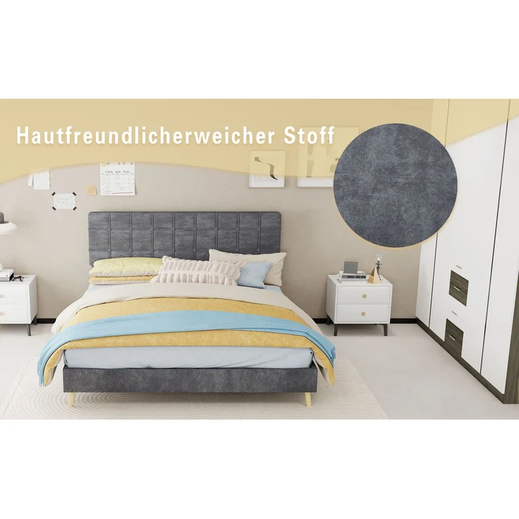 Novelux Polsterbett 160x200 cm mit gepolstertem Kopfteil im Karomuster - Stabiles Stoffbett Doppelbett mit Massivholzfüßen, Dunkelgrau, Skandinavisch – Bild 7