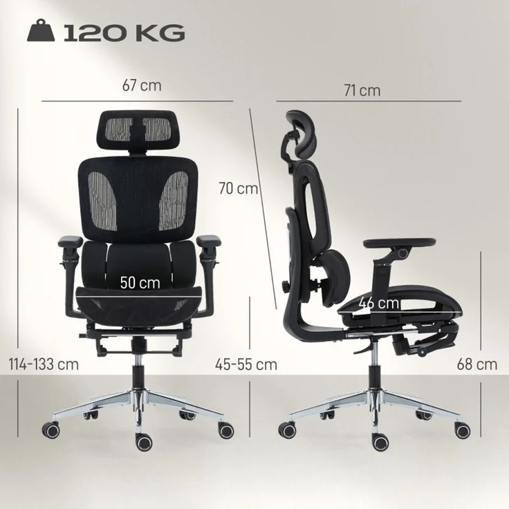 Bürostuhl Ergonomisch Schreibtischstuhl mit verstellbar Lenden- und Kopfstütze 6D-Klapparmlehnen Fußstütze Netz Schwarz--Schwarz--71x67x133cm--YOUDENOVA – Bild 3