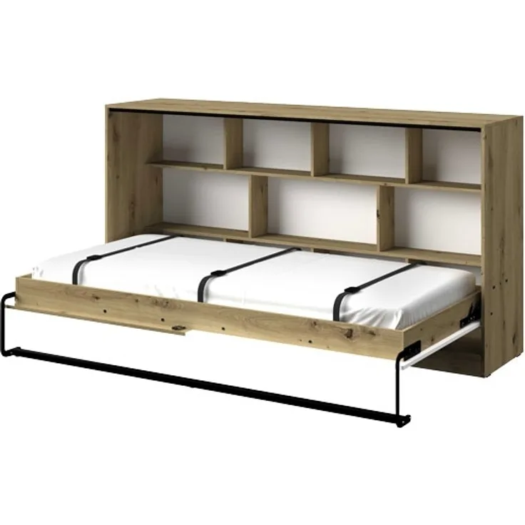Schrankbett Nero Einzelbett 90x200 cm horizontal artisan eiche weiß Hochglanz Griffe grau