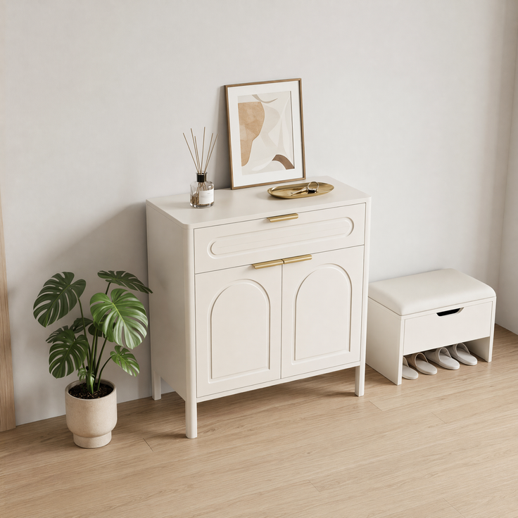Sideboard aus Holzwerkstoff, B 36 x T 75 x H 78,5 cm, Weiß, mit Schublade und gewölbten Türen – Bild 3
