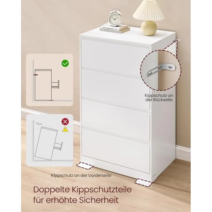VASAGLE Kommode mit 4 Schubladen, Komodenschrank, Schubladenschrank, Wäschekommode, für Schlafzimmer, 40 x 60 x 97,4 cm, Modern Kailyn Kollektion, schneeweiß LTS614WE02 – Bild 7