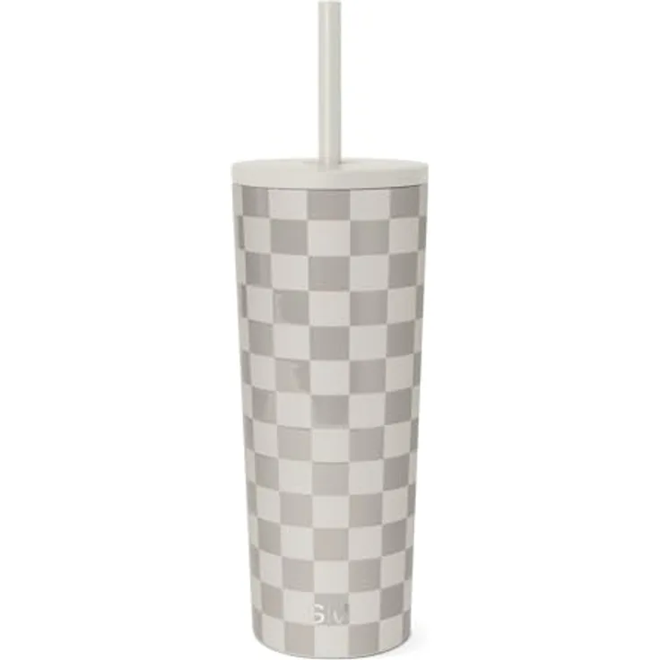 Simple Modern Thermobecher mit Strohhalm und Deckel | Trinkbecher mit Henkel Wiederverwendbare Edelstahl | Geschenke für Frauen und Männer | Classic | 710ml | Checkmate