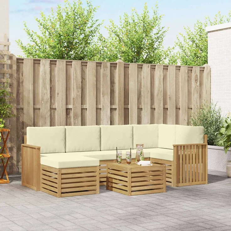 vidaXL Outdoor-Sofagarnitur 7 stk. 5-Sitzer Weiß und Creme Polyester 3392150 – Bild 1