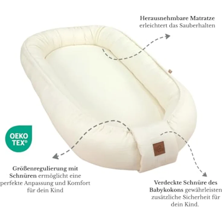 WIKLINOPOL Babynest, Nestchen für Neugeborene – Baby Nestchen 80x46 cm in Ecru, Tragbares Nest aus Musselin - Baby Nest für Neugeborene mit herausnehmbarer Matratze – Bild 3
