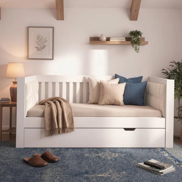 EINHOM Tagesbett 90x190 cm mit Ausziehbett 90x190 cm, Platzsparendes Design, Holz, Ideal für Kleine Apartments oder Gästezimmer, Lattenrost, Einfache Montage, Weiß, (Ohne Matratze) – Bild 3