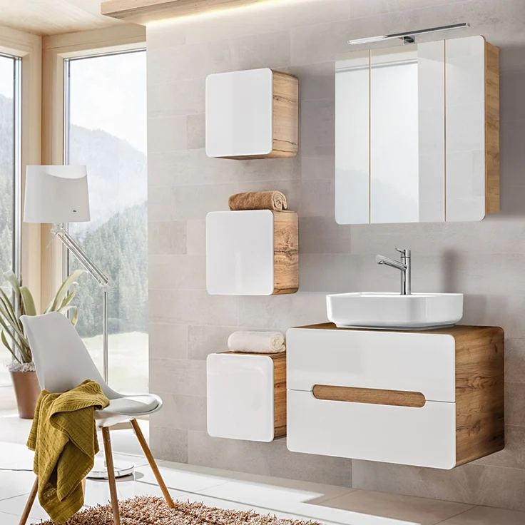 Badezimmermöbel Set in Hochglanz weiß mit Wotan Eiche Nb. LUTON-56 mit LED-Spiegelschrank, B/H/T ca. 130/200/46 cm – Bild 1