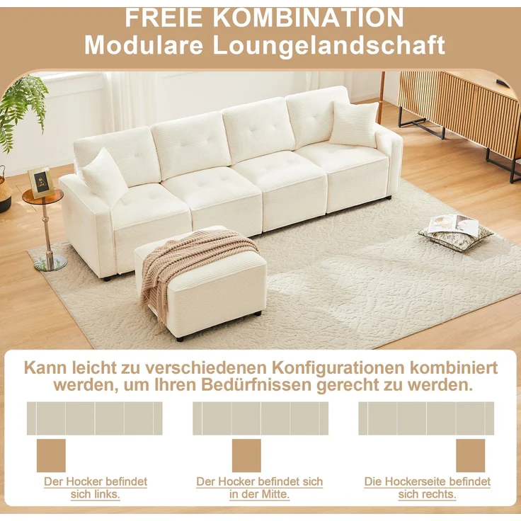 Merax 280cm Großes Sofa, 4-Sitzer Corduroy Sofa, mit Stauraum unter den Sitzflächen, inklusive eines frei platzierbaren Hockers, Beige – Bild 8