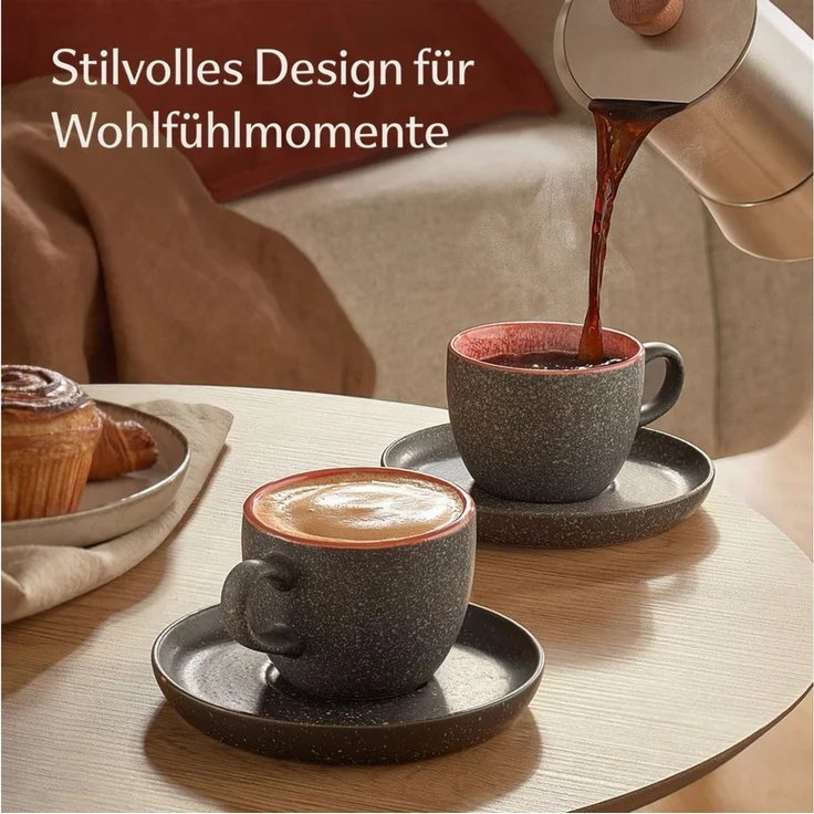 Cosumy Cappuccinotasse Cappuccino Tassen mit Untertassen 4er Set rot, 8-tlg, Keramik, 200 ml Steingut mit reaktiver Glasur - hält lange warm – Bild 2