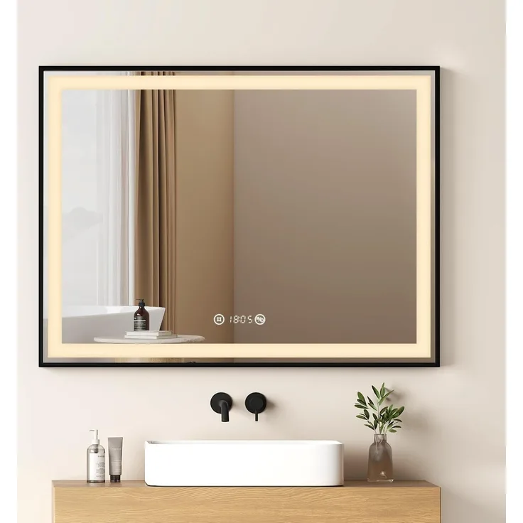 EMKE Badspiegel mit Beleuchtung 80x60cm Badspiegel Schwarzer Rand LED Badezimmerspiegel mit Touch, Antibeschlage, Uhr, Temperatur, Dimmbar, Memory-Funktion, Neutrale Beleuchtung Wandspiegel IP44