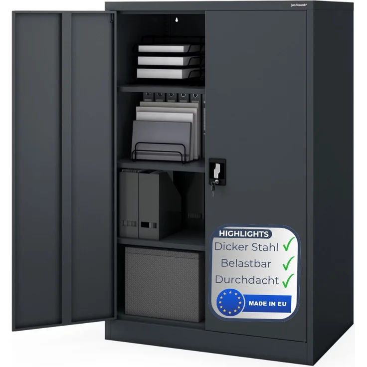 Aktenschrank abschließbar KADO - 4 Ebenen verstellbar, Flügeltüren | Metallschrank Werkstatt Mehrzweckschrank Büroschrank aus Stahl Werkzeugschrank, 140 x 90 x 60 cm Anthrazit – Bild 1