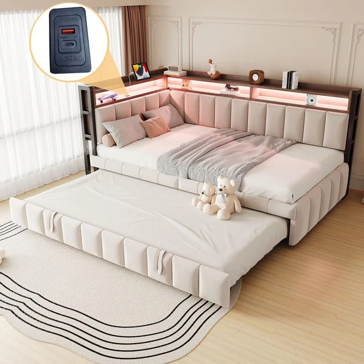 Merax Einzelbett, 90x200cm Polsterbett, Schlafsofa, mit Ausziehbett, LED-Beleuchtung und Ablagefächern am Kopf- und Fußende, Ausgestattet mit USB- und Typ-C-Anschlüssen, Samtstoff Beige – Bild 3