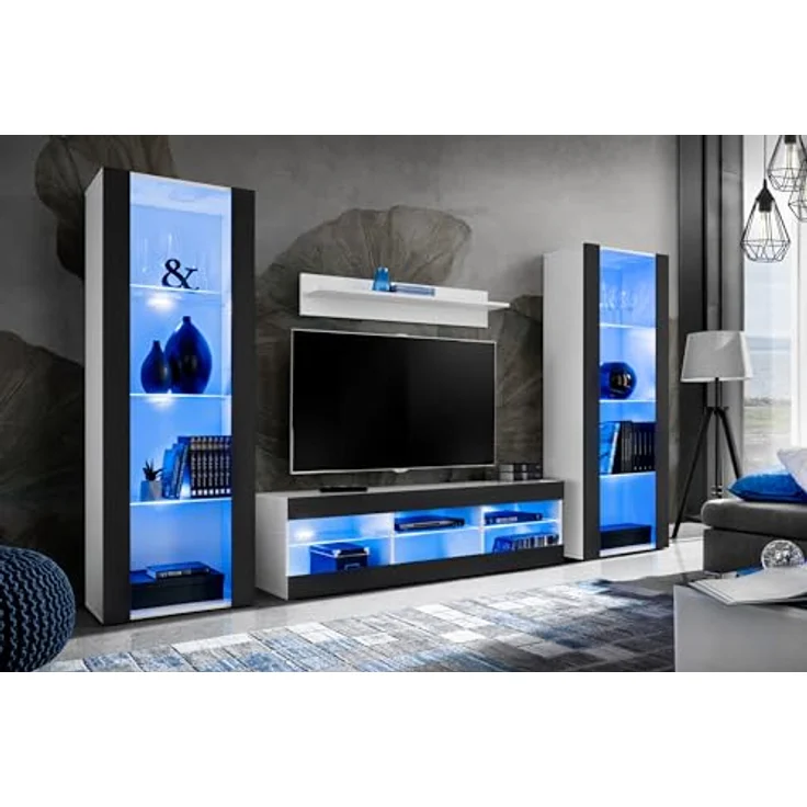 Komodee Tivoli Grande Wohnzimmerset, Weiß-Schwarz, 9 Fächer, Rechteckig, 250x159x35 cm, Holzwerkstoff, individuell anpassbar – Bild 1