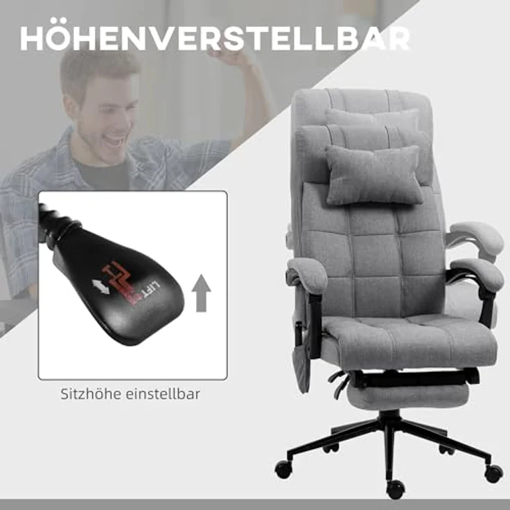 Vinsetto Bürostuhl mit Massagefunktion, Lendenheizung, Kopfstütze und 155°-Rückenlehne – Bild 5