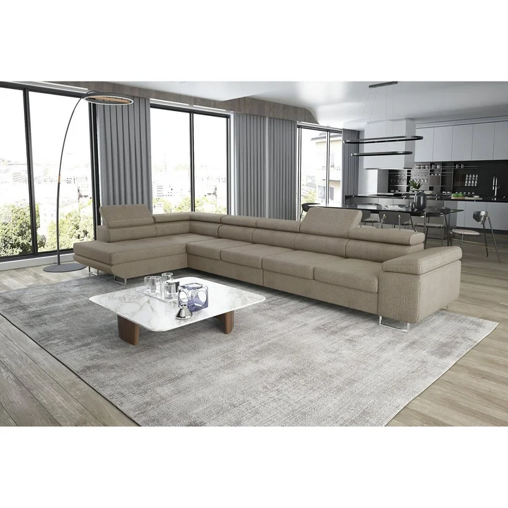 thematys Ecksofa ASTON MAXI 405 x 203 cm, mit Schlaffunktion, mit Bettkasten, mit verstellbaren Kopfstützen, Beige (Poso 02), Ausrichtung Links – Bild 1